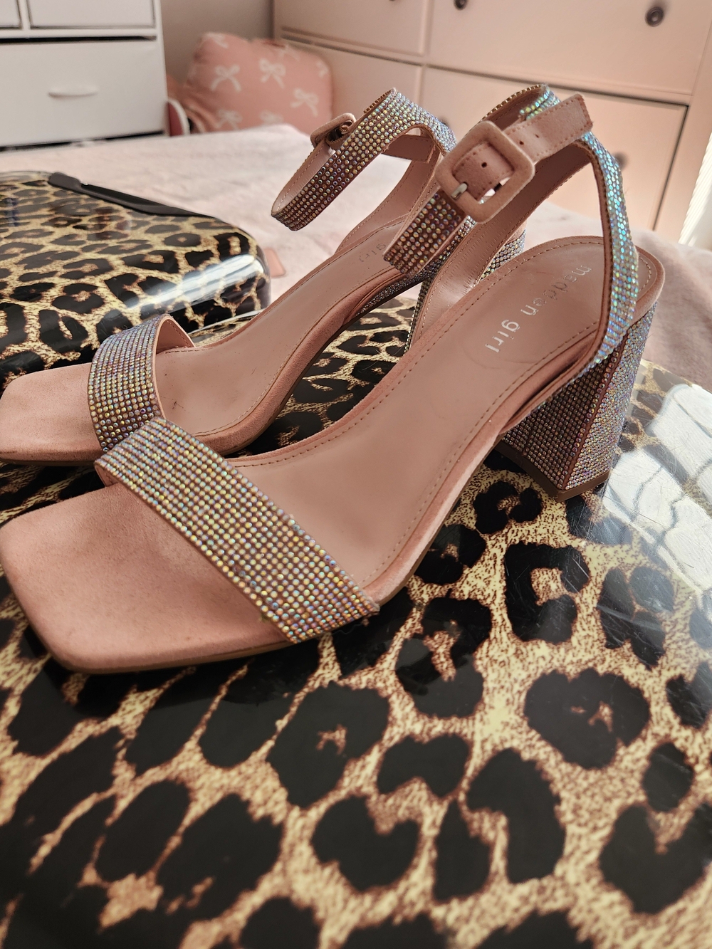 Embellished Pink Block Heel Sandals with Ankle Strap